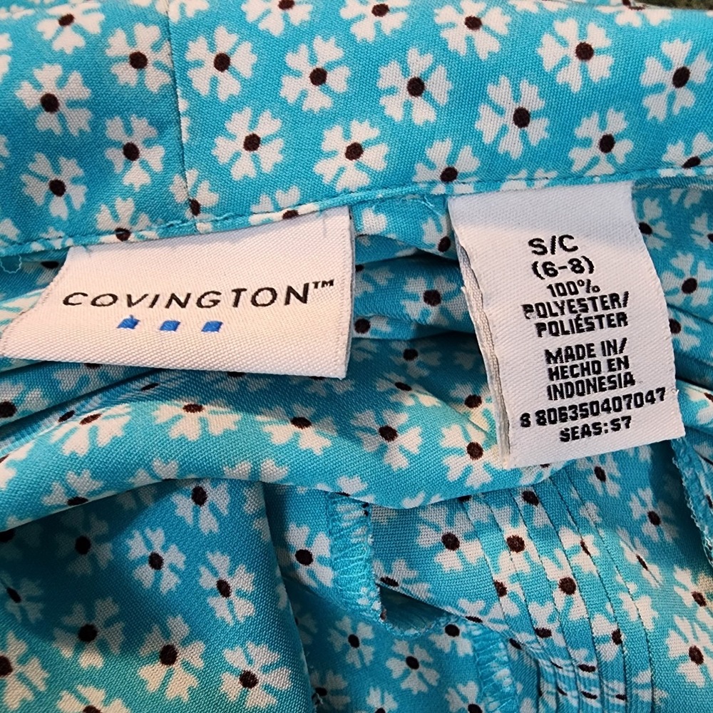 COVINGTON Size Small Turquoise Blue Ditsy Floral Pleated Shawl Collar Blouse EUC - Picture 8 of 9